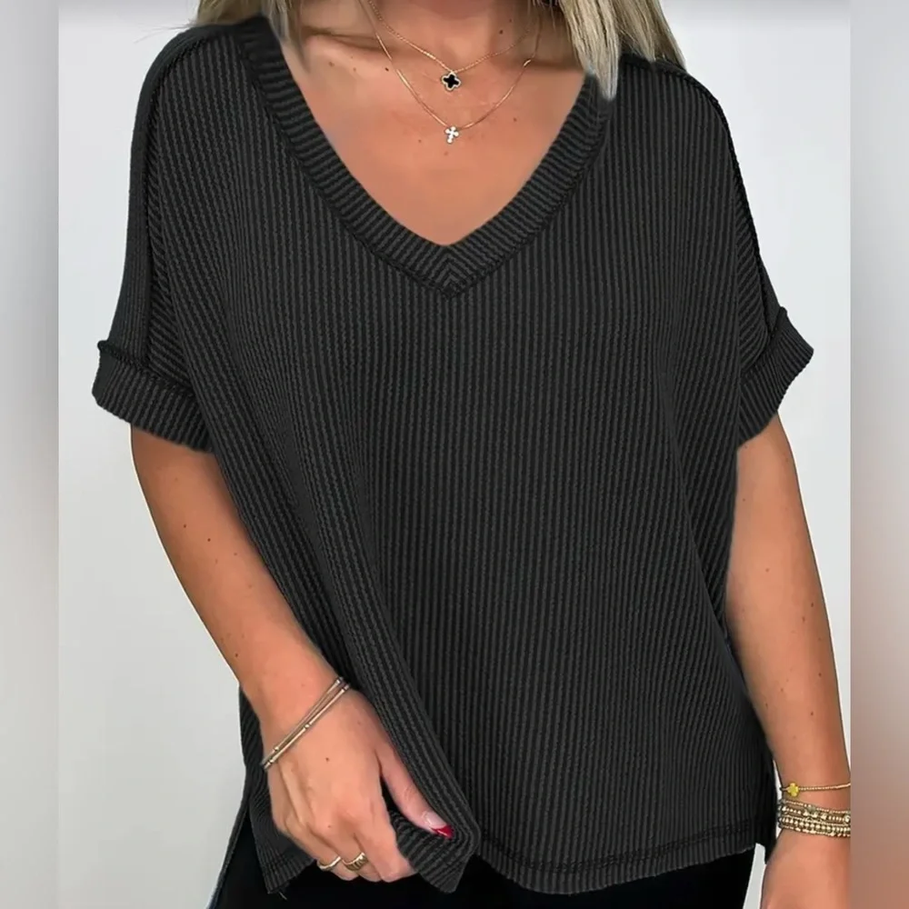 DARK GREY RIBBED T-SHIRT - Picture 7 of 7